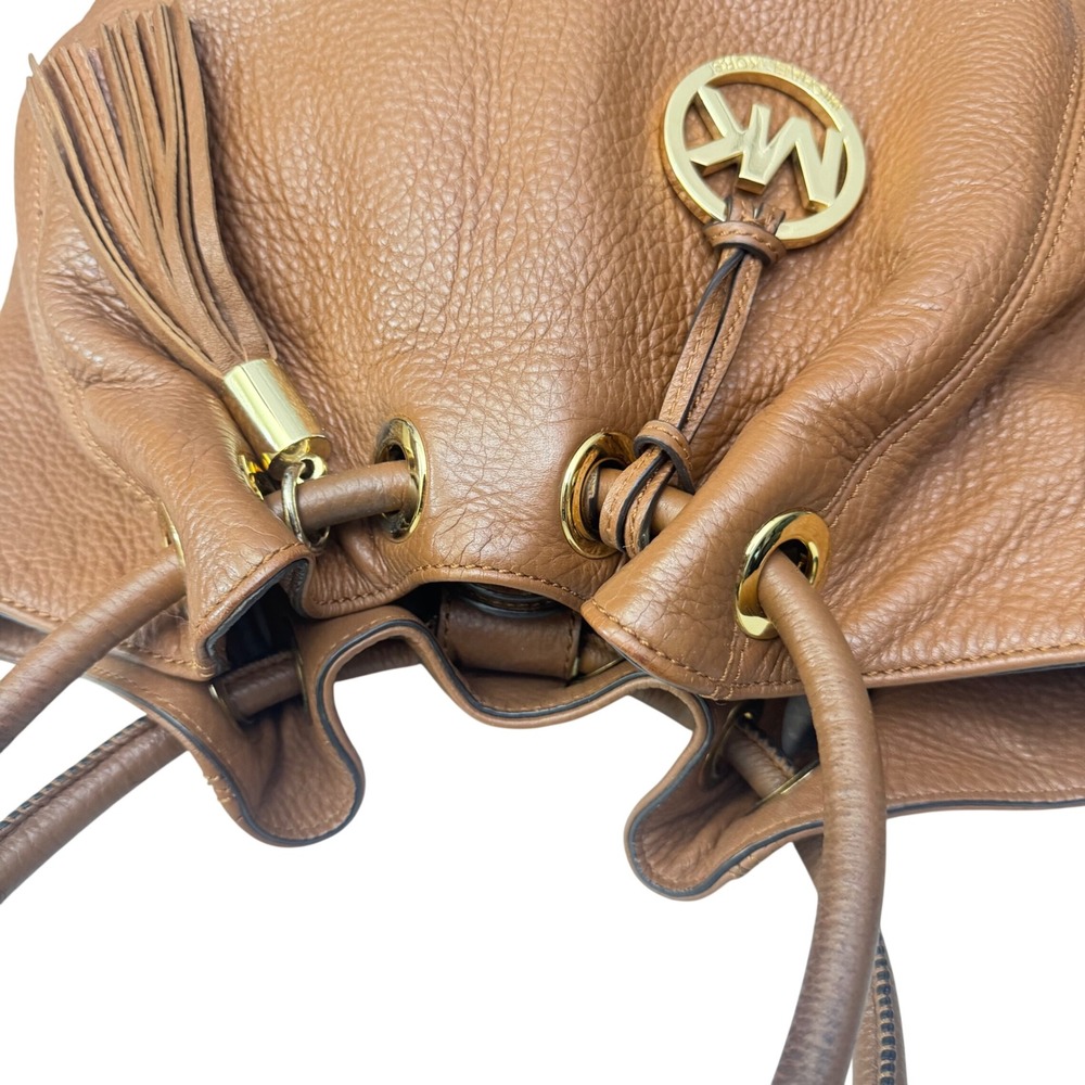 Michael Kors Brown Pebbled Leather Tassel Shoulder Bag Gold MK Charm Hobo - Picture 6 of 15